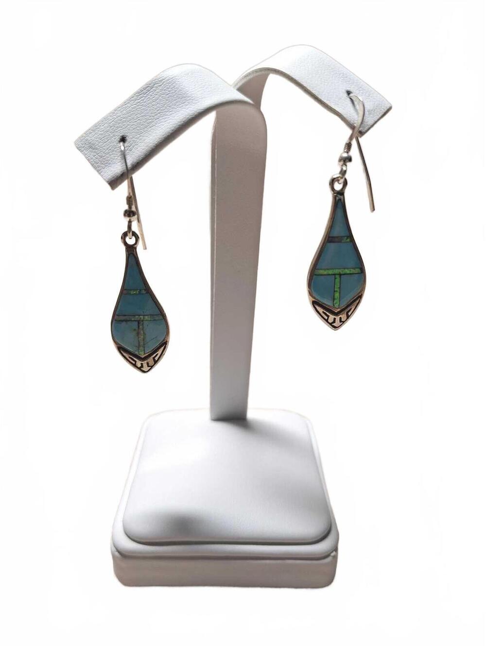 Turquoise Southwestern inlay dangle dangle earrings in sterling silver